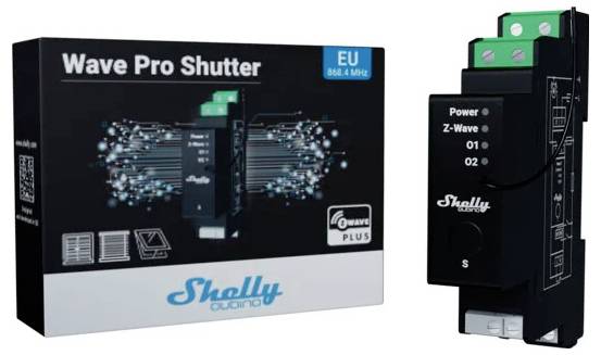 'Verpakking en apparaat van een Shelly Wave Pro Shutter, EU-versie. Draadloos module voor rolluikbediening. Z-Wave Plus technologie.'