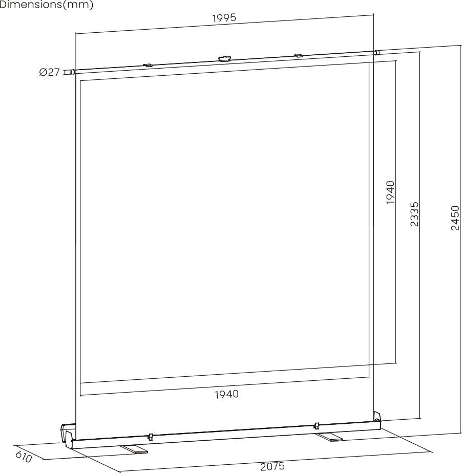 Technische tekening van een vierkant element met afmetingen: breedte 1995 mm, hoogte 2450 mm, diepte 105 mm.