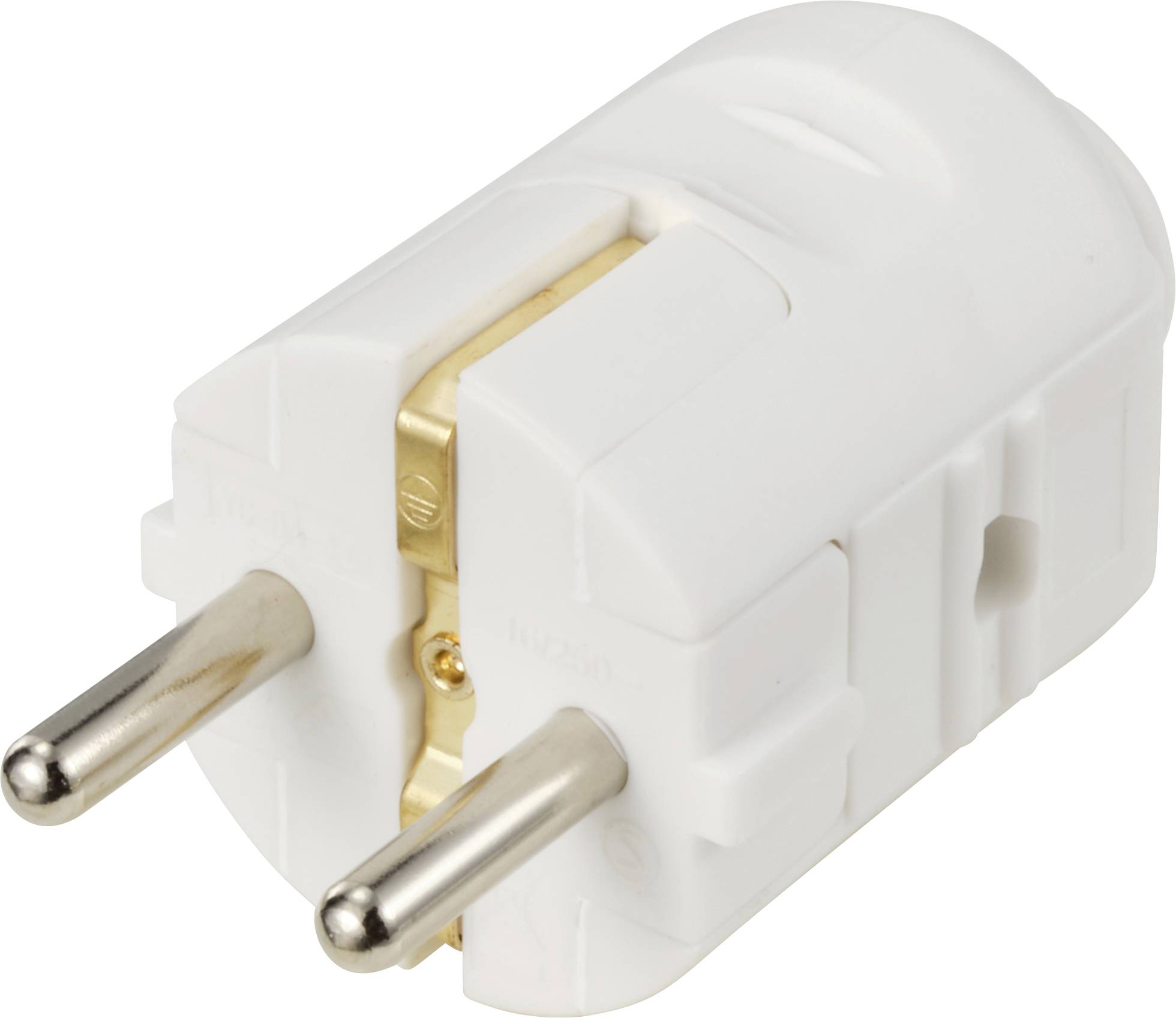 Een witte Europese stekker met twee metalen pinnen, vaak gebruikt voor huishoudelijke apparaten in Europese landen.