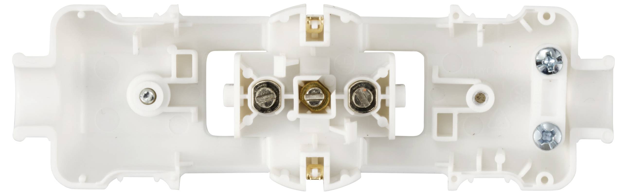 Een witte elektrische zekeringhouder met drie metalen contactpunten en meerdere bevestigingspunten aan beide zijden.