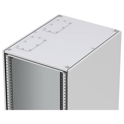 Een wit, leeg metalen behuizing, vermoedelijk een server- of schakelkast, met een open voorkant en zichtbare bevestigingsschroeven.