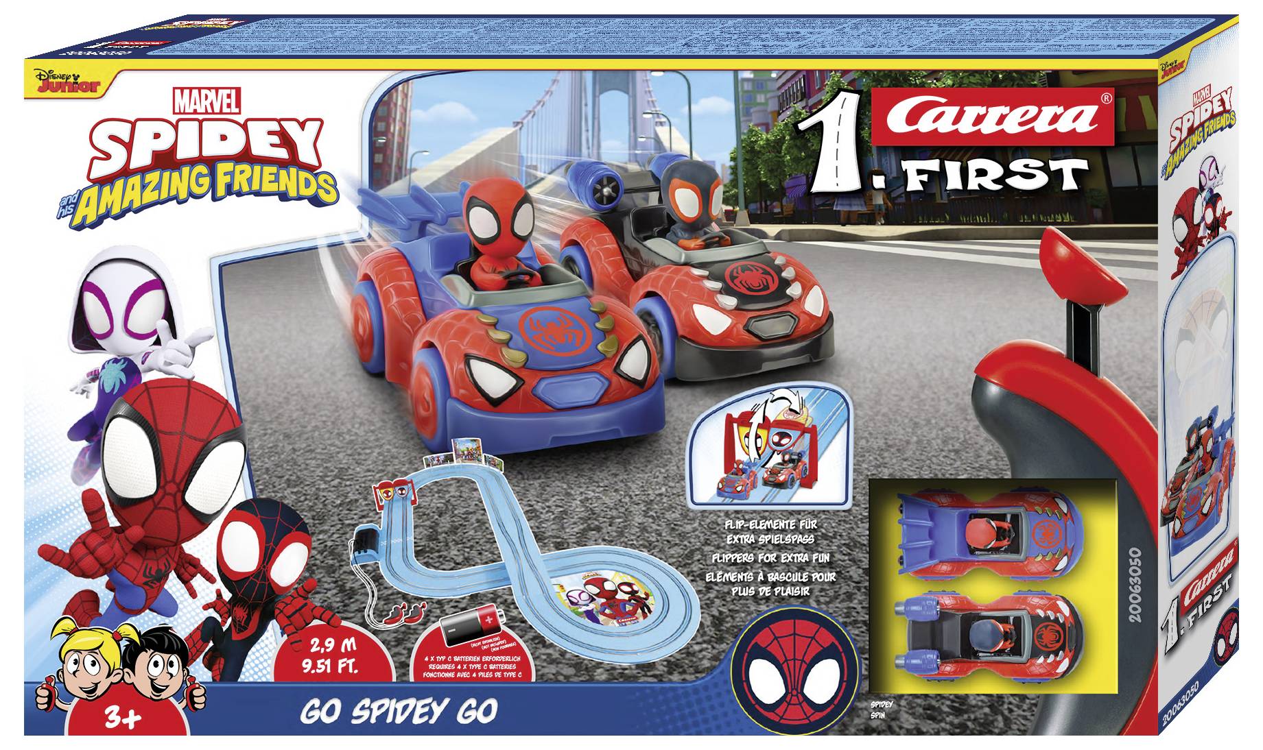 Speelgoed-racebaan 'Spidey en Zijn Super-Vrienden' met twee Spidey-auto's en afstandsbediening. Op de verpakking is het parcours afgebeeld.