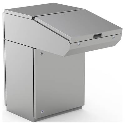 Metalen afvalcontainer met schuine deksel, ontworpen voor gebruik buitenshuis of in industriële omgevingen.