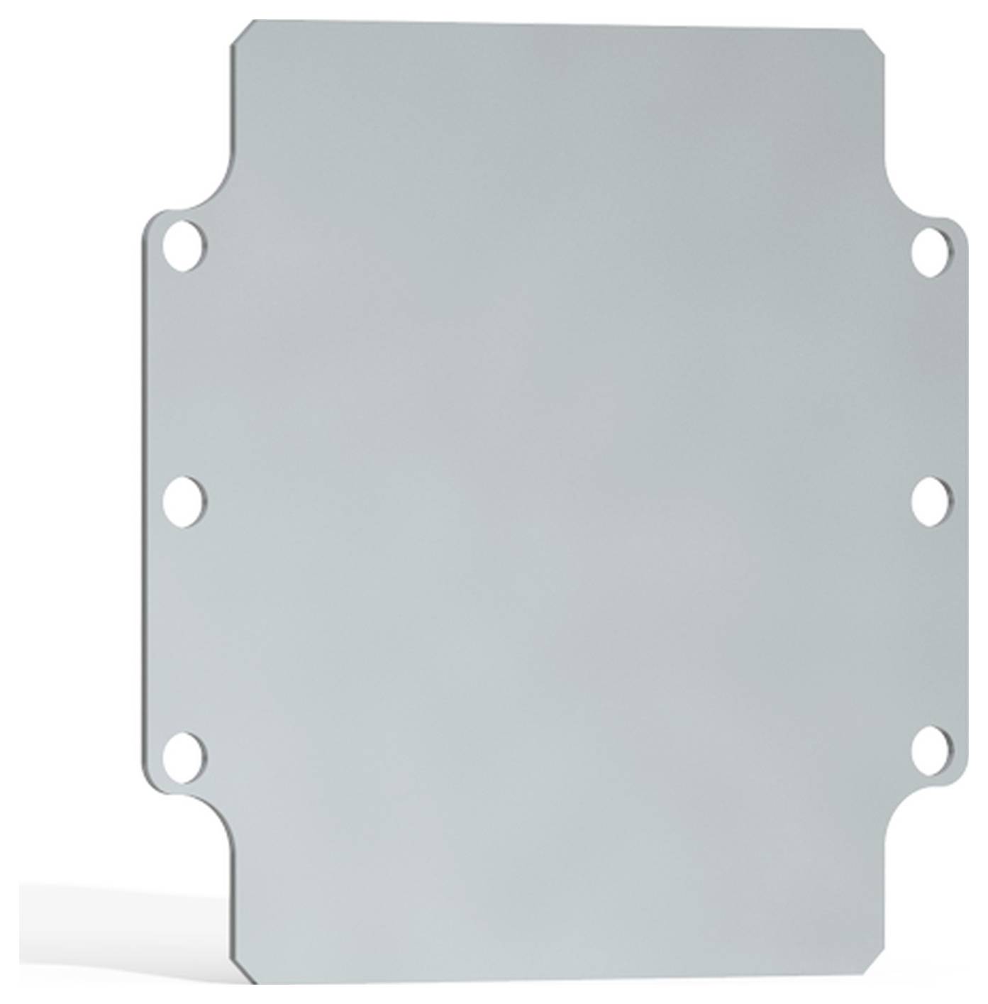 Een platte, rechthoekige metalen plaat met afgeronde hoeken en zes gaten langs de randen.