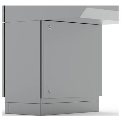 Grijs metalen behuizing met schroeven op de hoeken, onderdeel van een groter apparaat of kast.