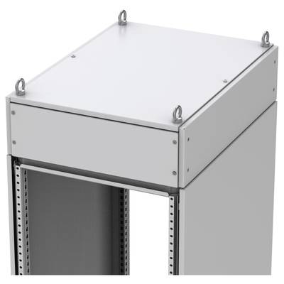 Metalen frame met open vak, bovenaan een platte afdekking met vier ogen. Geschikt voor industriële of technische toepassingen.