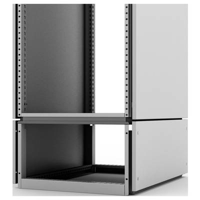 Open, grijze metalen behuizing met zwarte binnenrand, geschikt voor IT-componenten of servers. Voor- en achterkant ontbreken.