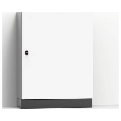 Gesloten witte kast met een zwarte plint en een klein zwart knopje aan de linkerkant.