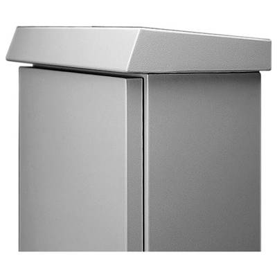 Een rechthoekige, zilveren metalen doos met een platte, uitstekende deksel.
