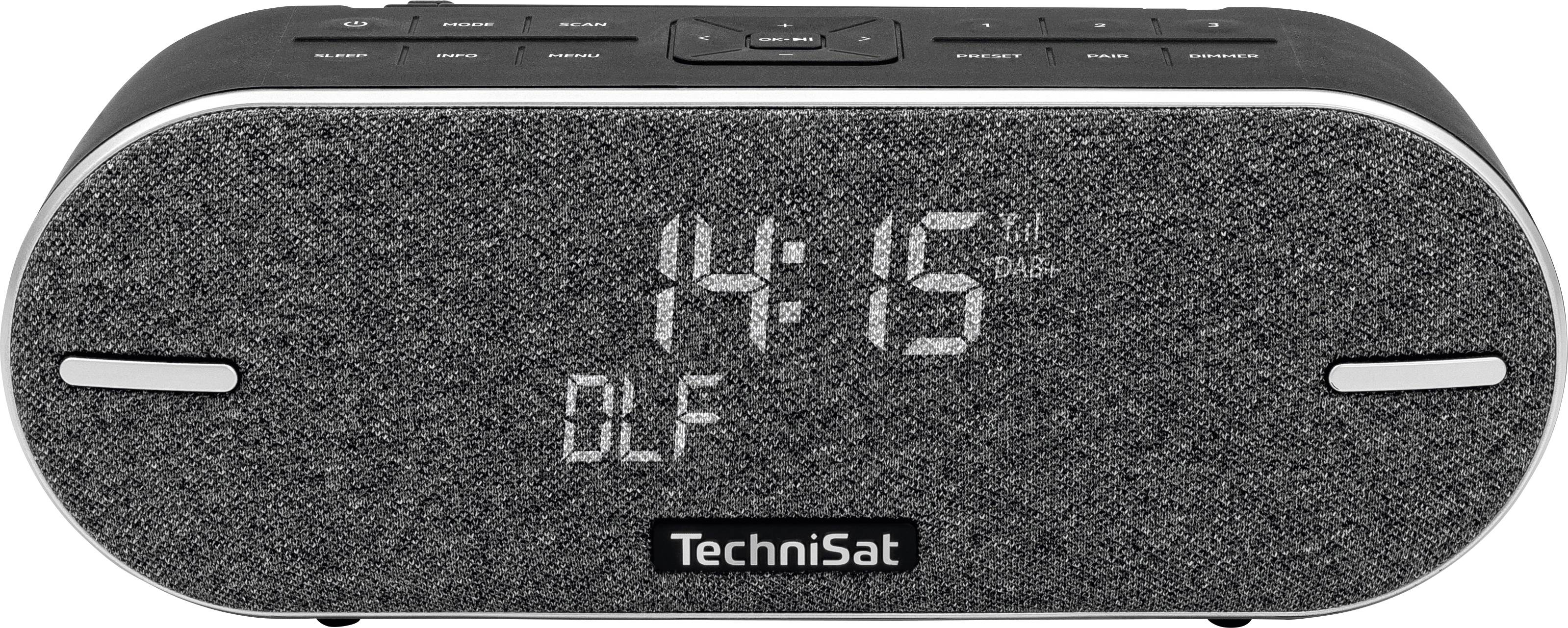 Digitale wekkerradio in grijs met verlichte tijdsaanduiding '14:15' op het display. Merk 'TechniSat'.