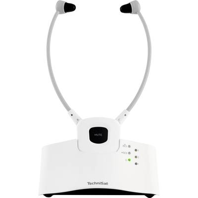 Draadloze koptelefoon met radiografische ontvanger en bedieningsknoppen op een witte voet, geschikt voor televisies of audiosystemen.
