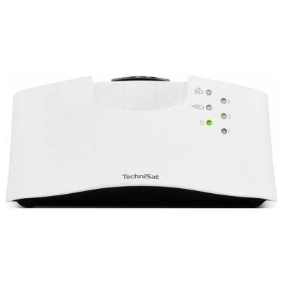 Een wit Technisat-apparaat met drie indicatielampjes en bedieningselementen op de voorkant, gebruikt voor bediening of besturing.