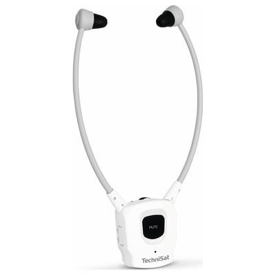 Draagbare draadloze nekband koptelefoon, wit, met 'Mute'-knop op het bedieningspaneel, geschikt voor muziek luisteren of televisie kijken.