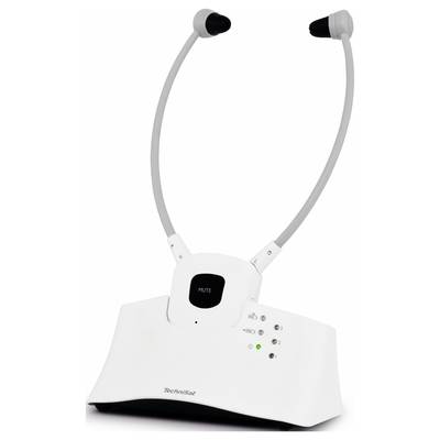 Draadloze tv-koptelefoon op laadstation. Twee oordopjes, met 'MUTE'-knop in het midden van de beugel en LED-indicatoren op het basisstation.
