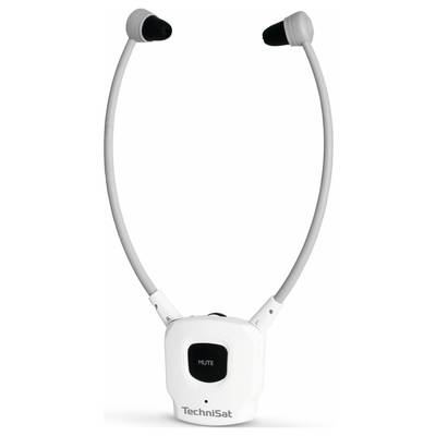 Een witte nekband-koptelefoon met 'Mute'-knop. Merknaam 'TechniSat' zichtbaar aan de voorzijde.