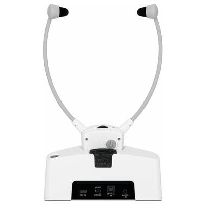 Een draadloze kinbeugel-koptelefoon met basisstation, geschikt voor aansluiting op audiobronnen, biedt heldere geluidskwaliteit voor slechthorenden.