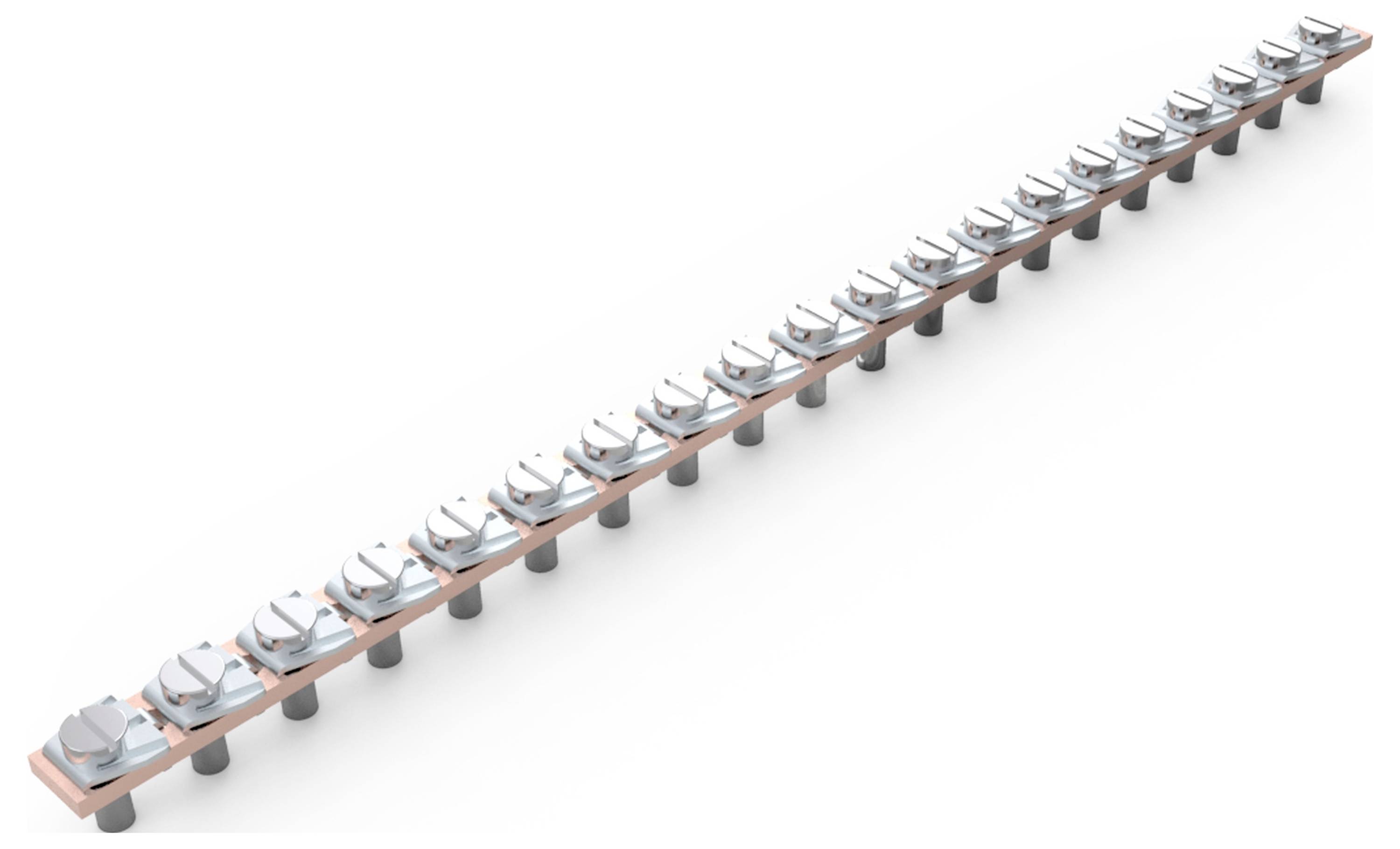 Rij van gelijkmatig gerangschikte knoppen op een lange metalen rail, vermoedelijk onderdeel van een technische voorziening of bedieningspaneel.