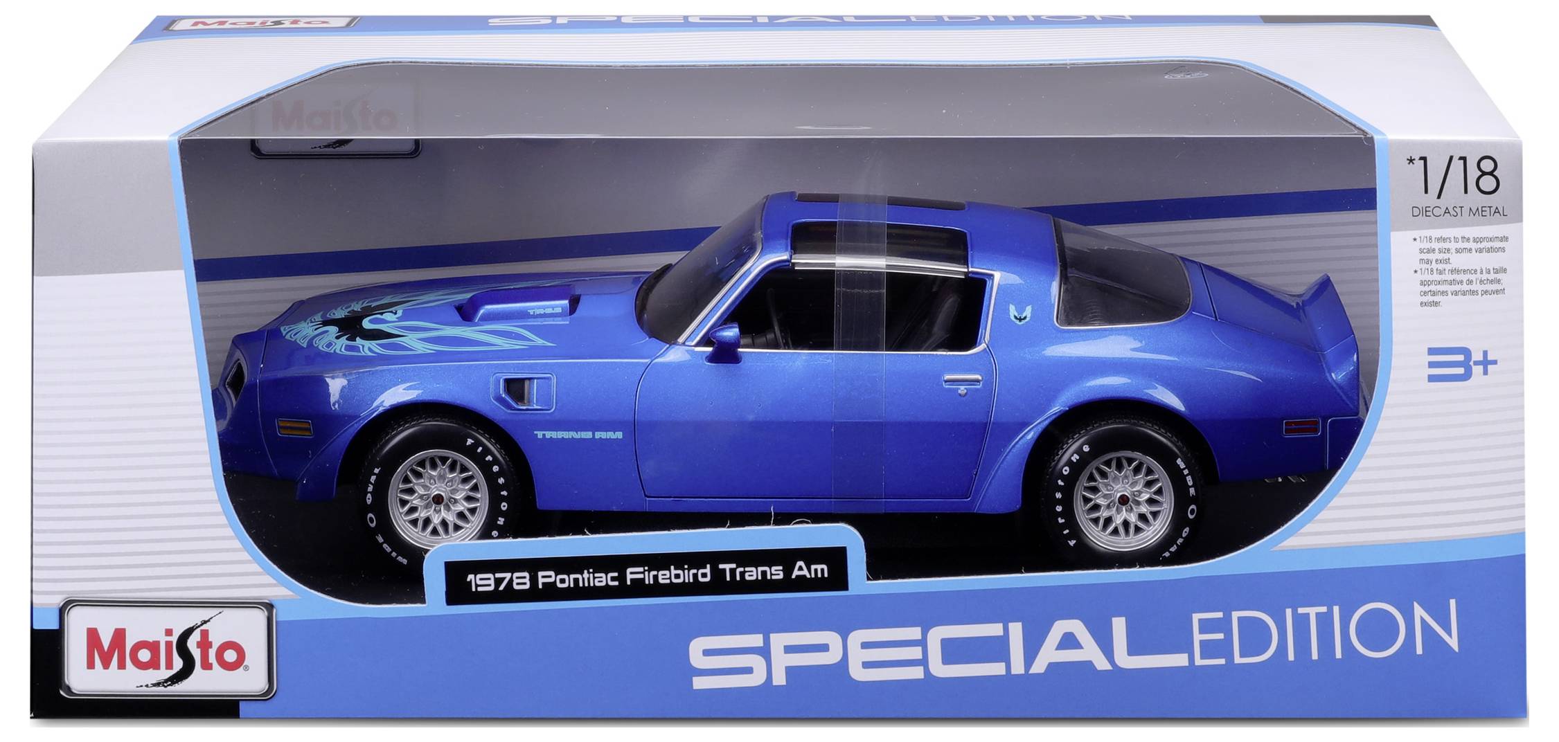 Een blauwe modelauto-verpakking van Maisto, '1978 Pontiac Firebird Trans Am', schaal 1:18, Special Edition, geschikt voor kinderen vanaf 3 jaar.