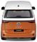 Een oranje VW ID.Buzz gefotografeerd van achteren, met een wit dak en zwarte buitenspiegels. Het VW-logo is prominent zichtbaar.