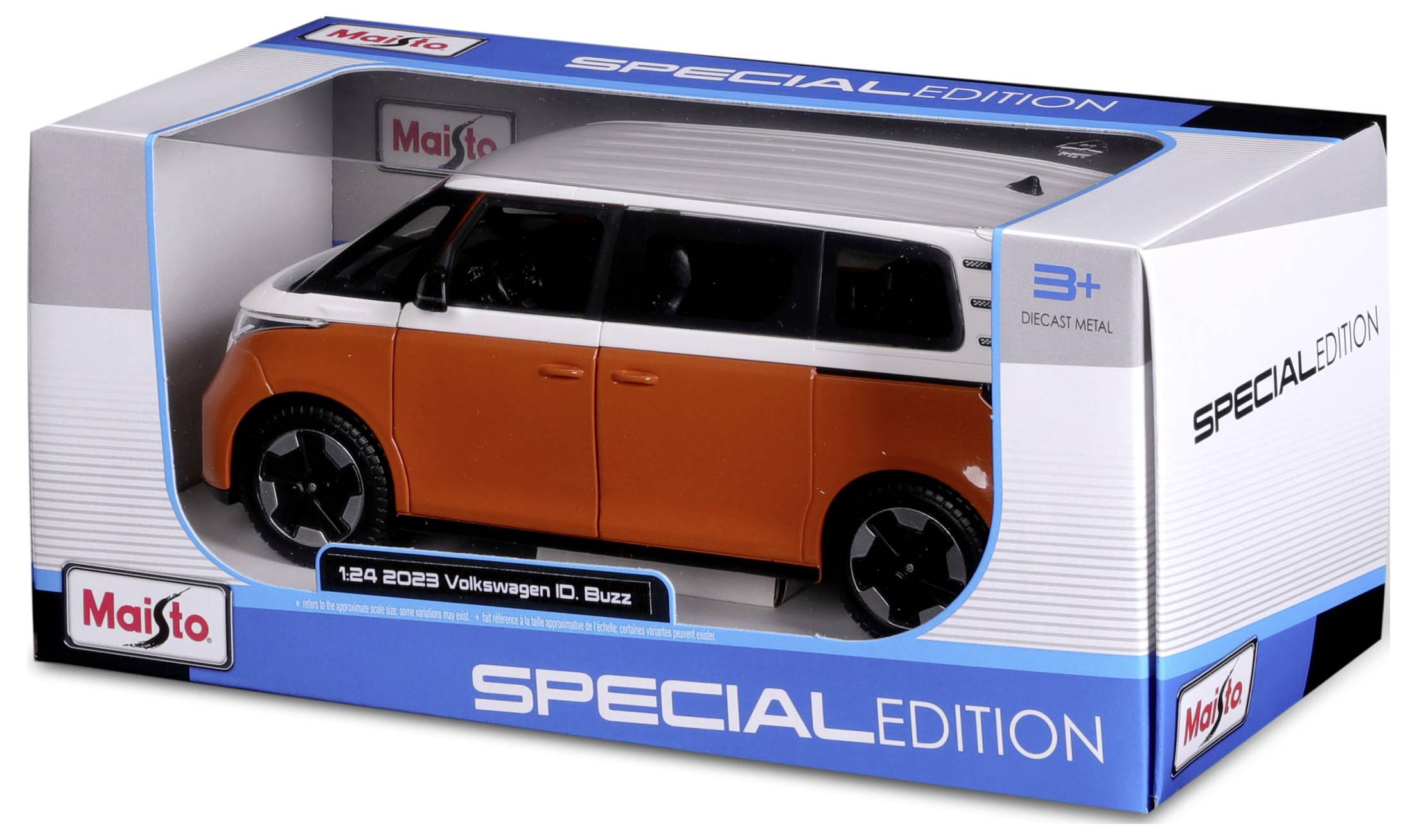 Speelgoedauto model '2023 Volkswagen ID. Buzz' in oranje en witte lak, verpakt in een blauw-witte doos met 'Special Edition'-opdruk.