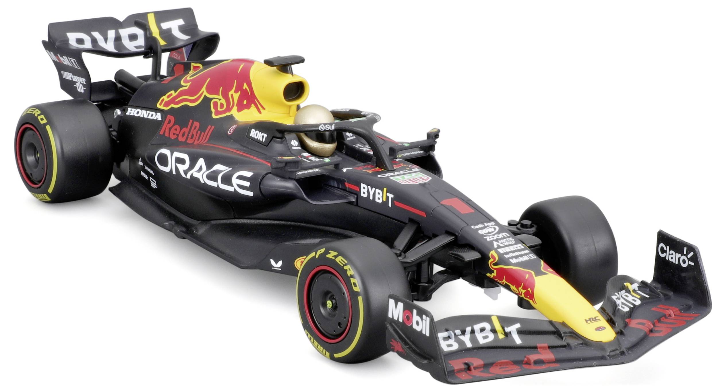 Een zwarte Formule 1-auto met rode en gele accenten, merkenlogo's en een coureur in de cockpit. Racewagen met aerodynamisch ontwerp.