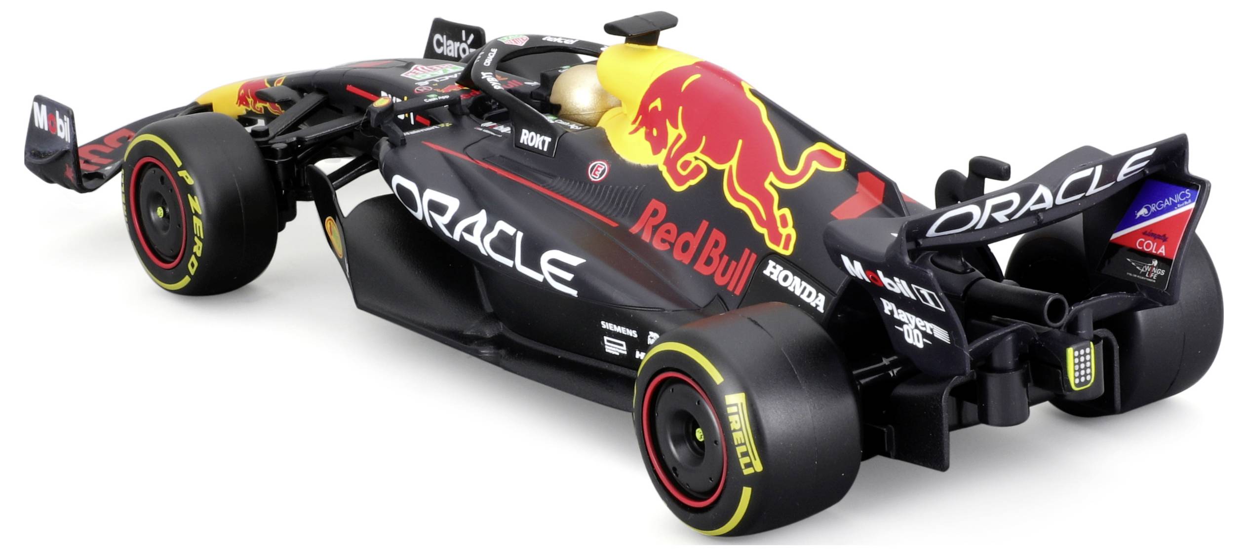 Een zwarte Formule 1-auto met rode en gele accenten, sponsorlogo's en opvallende aerodynamische kenmerken op een natte ondergrond.