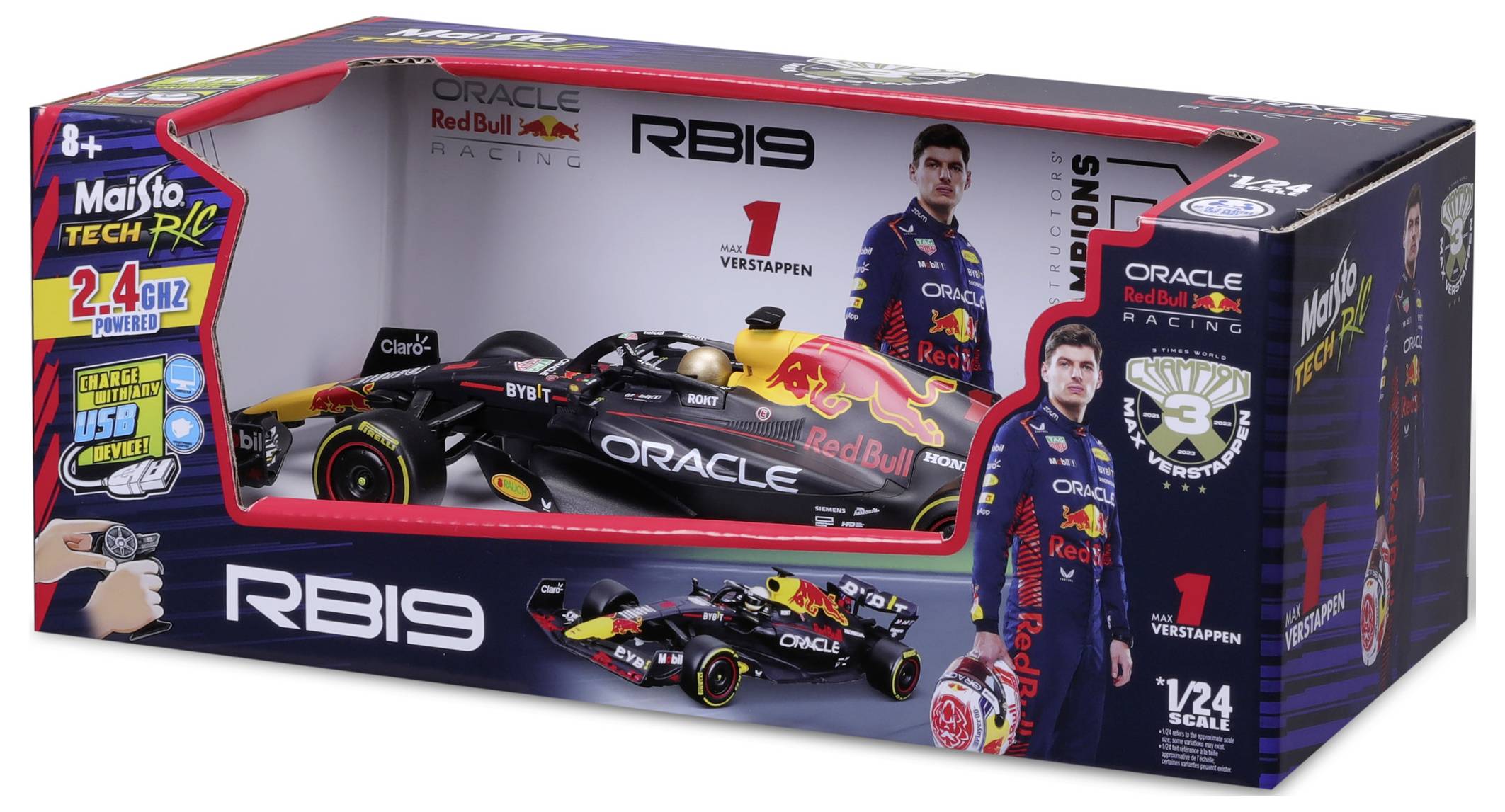 Verpakking van een bestuurbare Formule 1-raceauto. Toont de auto in het design van een bekend team en een coureur met teamlogo.