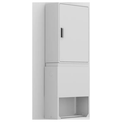 Witte, wandgemonteerde kast met deur en handgreep, geschikt voor het opbergen van schoonmaakmiddelen of vergelijkbare voorwerpen in een gebouw.