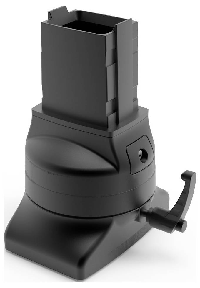 Een zwarte, rechthoekige kunststof adapter met een hendel aan de zijkant voor hoogteinstelling.