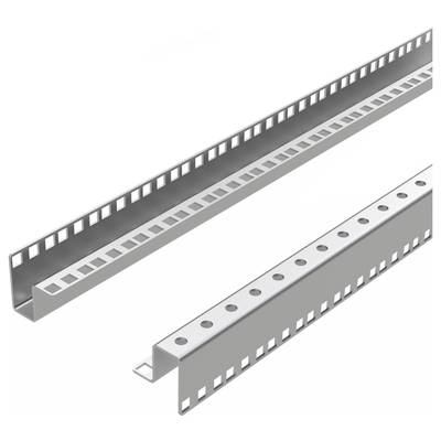 Metalen profielen met gestanste gaten, U-vormig, getoond vanuit verschillende perspectieven, voor bevestiging of constructiedoeleinden.