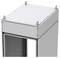 Een grijze metalen kast met open binnenruimte en ogen aan de hoeken aan de bovenzijde, geschikt voor industriële toepassingen.