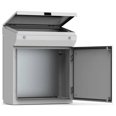 Een geopende metalen kast met een open bovenklep en een geopende zijdeur, onthult een leeg interieur.