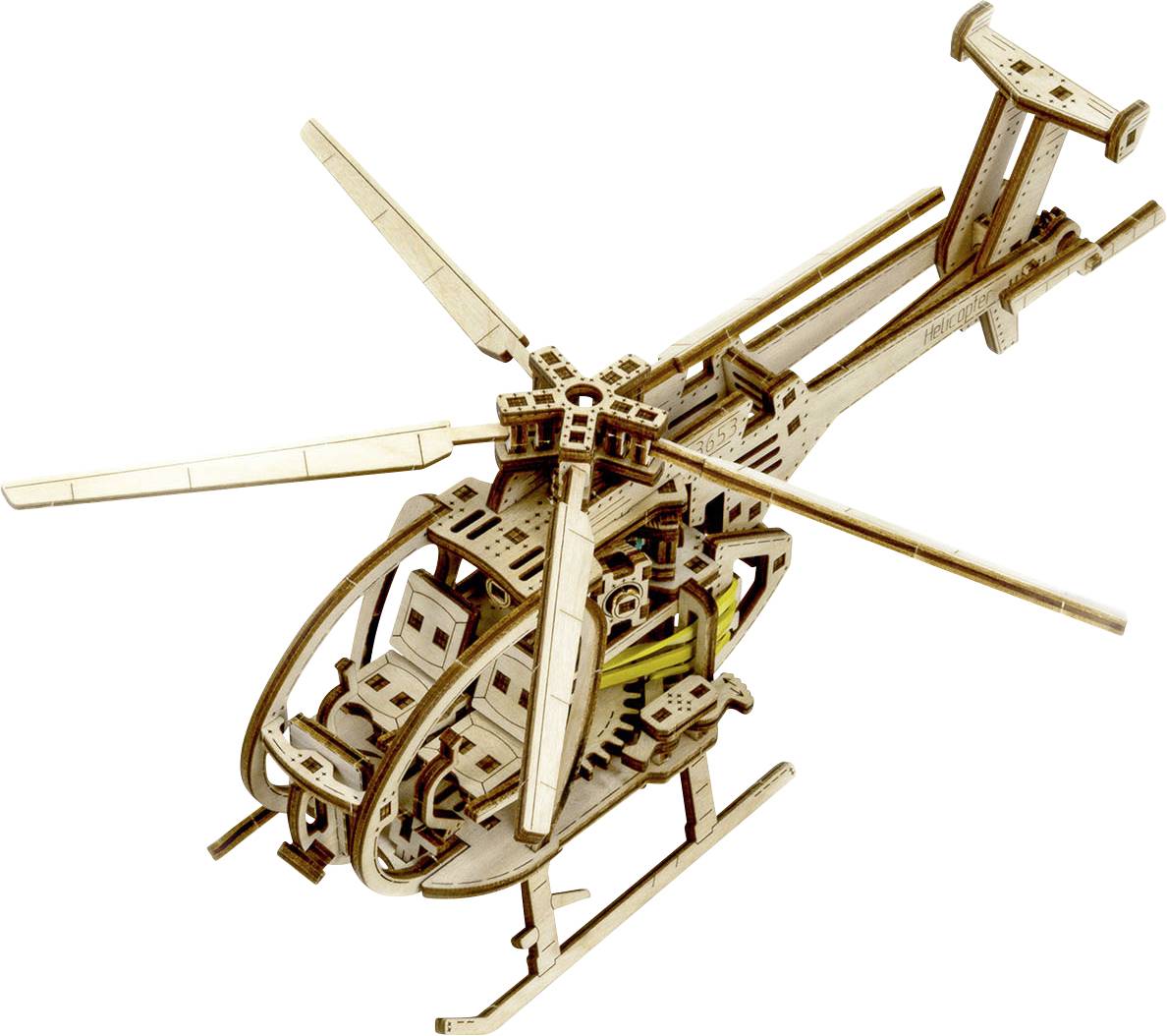 Houten model van een helikopter met rotorbladen, gedetailleerd vormgegeven, getoond vanuit een zijdelingse hoek.