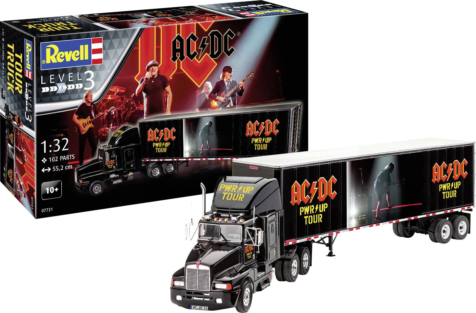 Modelbouwpakket van een zwarte truck op schaal 1:32, versierd met 'AC/DC PWRƎUP TOUR'-grafiek. Verpakking toont bandafbeelding. Geschikt voor kinderen vanaf 10 jaar.