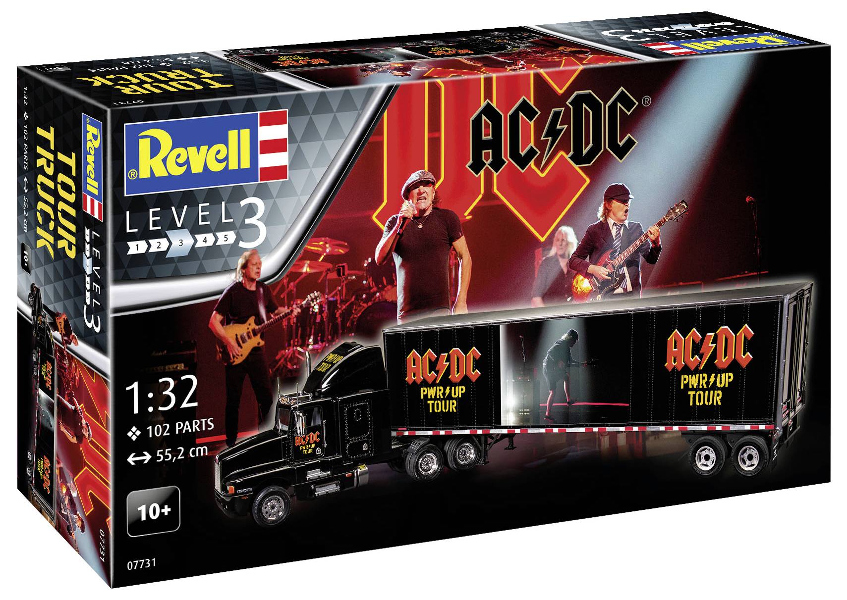 Speelgoedmodel van een AC/DC Tour Truck 'PWR/UP Tour' van Revell. Bevat 102 onderdelen. Verpakking toont bandleden en is geschikt voor kinderen vanaf 10 jaar.