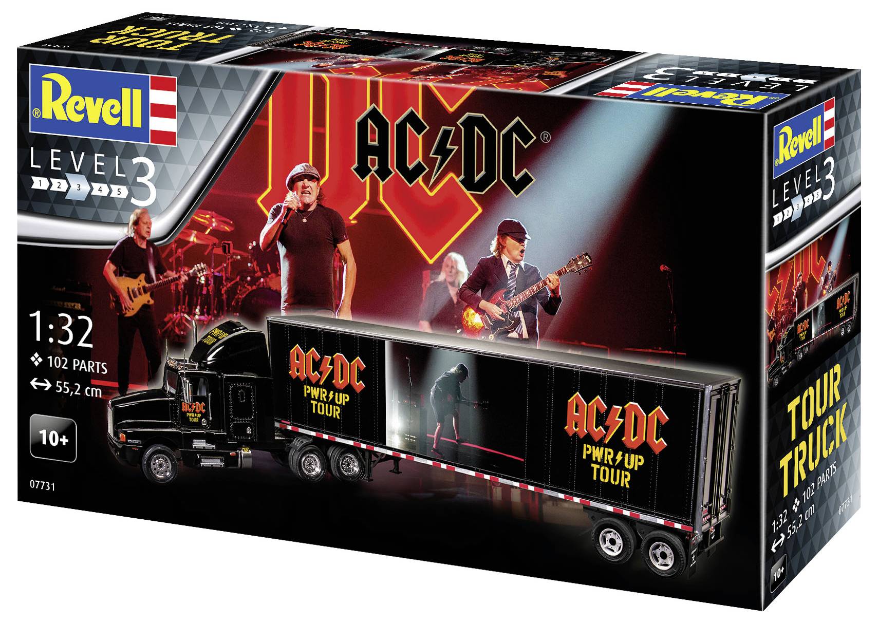 'Revell modelbouwpakket Level 3, schaal 1:32, 102 onderdelen. Weergave van een toer-truck met AC/DC 'PWR UP TOUR' ontwerp en bandafbeeldingen.'