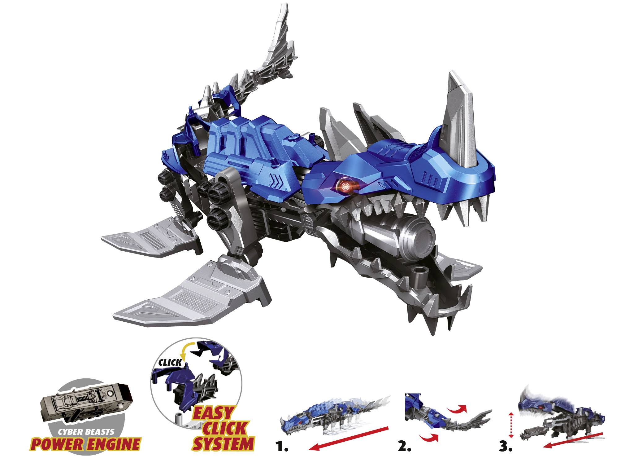 Speelgoedrobot in de vorm van een blauwe dinosaurus met zilveren details. Drie stappen voor assemblage zijn hieronder afgebeeld.