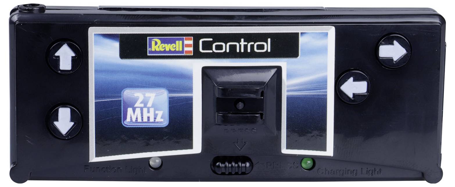 Afstandsbediening met 'Revell Control' logo, 27 MHz frequentie, pijltoetsen voor navigatie.