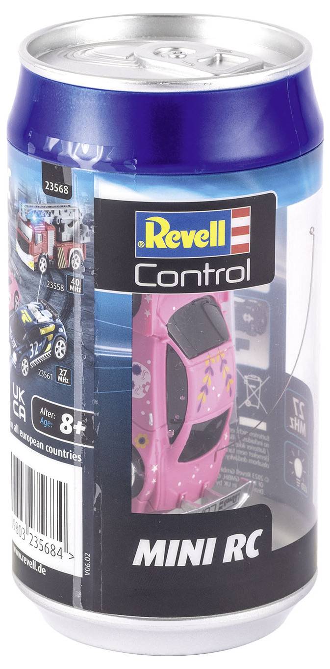 Doos met 'Revell Control Mini RC'-speelgoedauto, geschikt voor kinderen vanaf 8 jaar, afgebeeld. Automodel en informatie zijn zichtbaar.