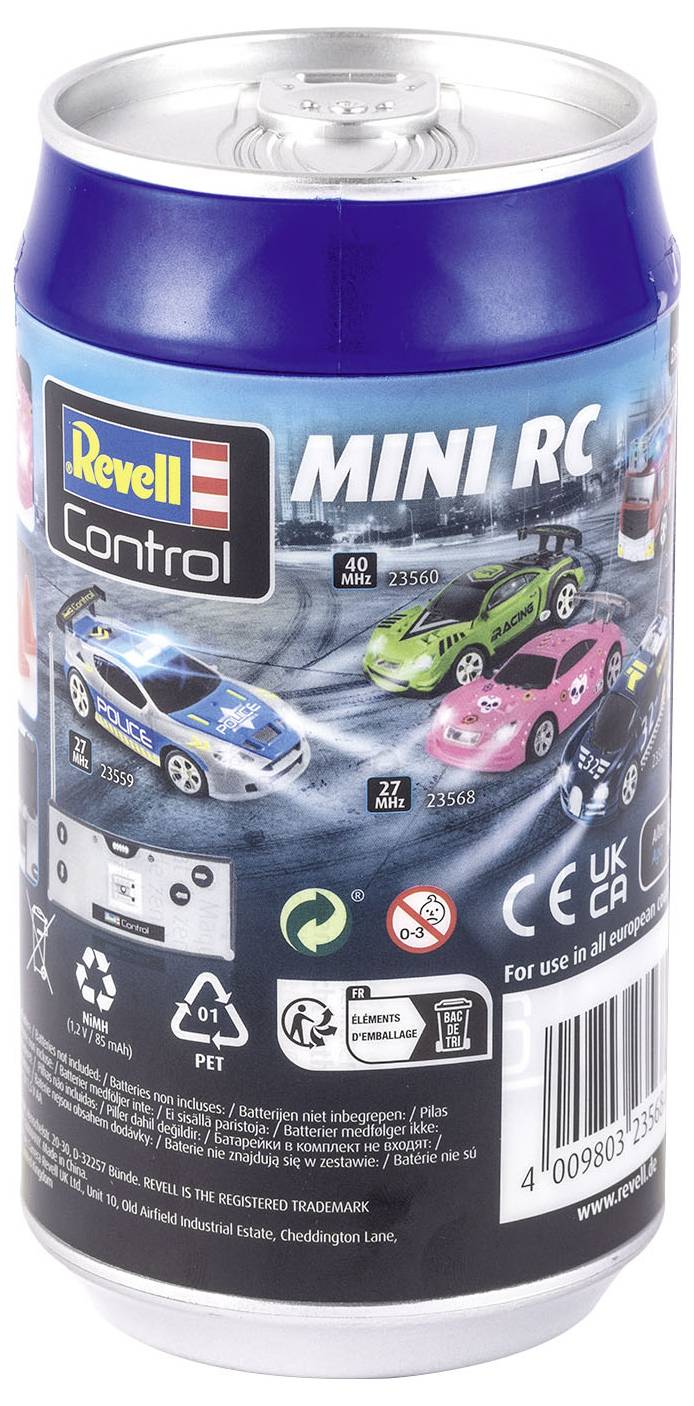 Een blauwe drankblik met afbeeldingen van Mini-afstandsbedieningsauto's en de tekst 'MINI RC'. Verschillende autoontwerpen en technische symbolen zijn zichtbaar.