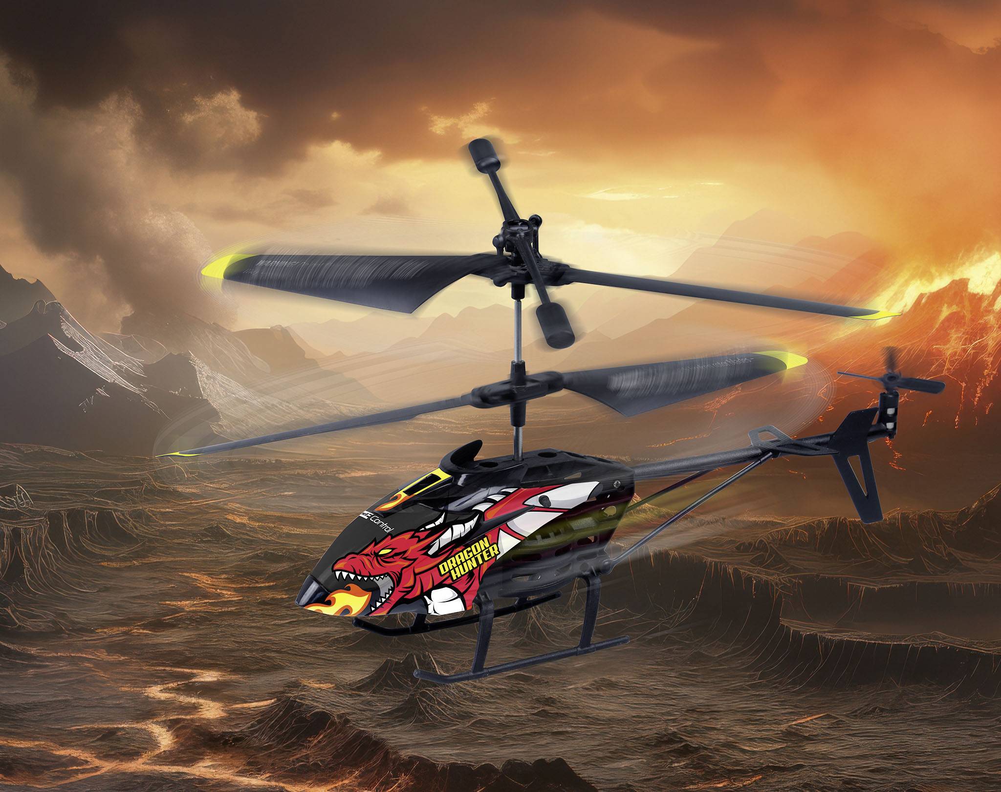 Een op afstand bestuurde helikopter met een rood drakenpatroon vliegt voor een dramatisch, vulkanisch landschap.