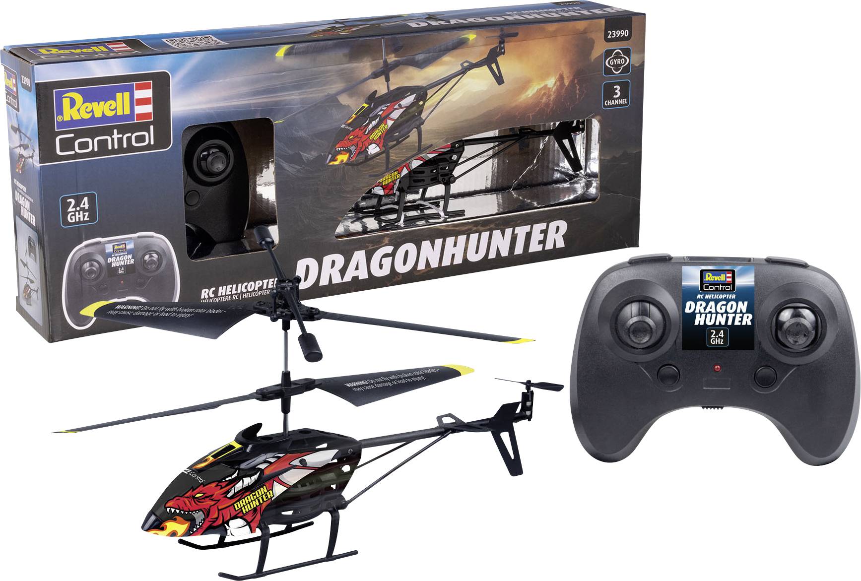 Afstandbestuurbare helikopter 'Dragonhunter' van Revell met afstandsbediening. Verpakking toont helikopter in actie.