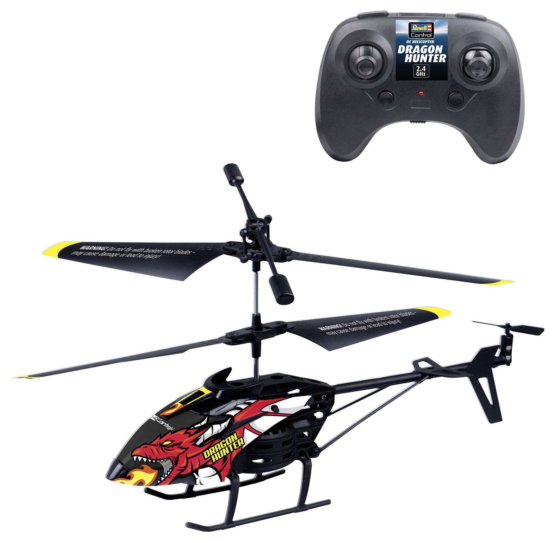 Afstandbestuurbare helikopter 'Dragon Hunter' in zwart met rood drakenontwerp. Toont ook de bijbehorende afstandsbediening.