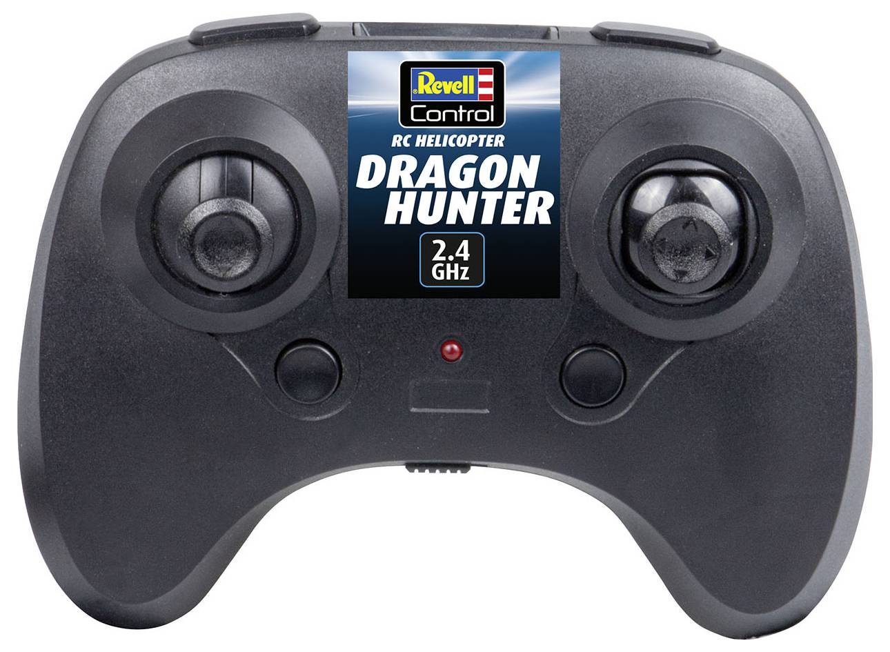 Zwart-grijze stuurcontroller voor Revell RC Helicopter 'Dragon Hunter', 2.4 GHz. Twee joysticks, één toets en logo in het midden.