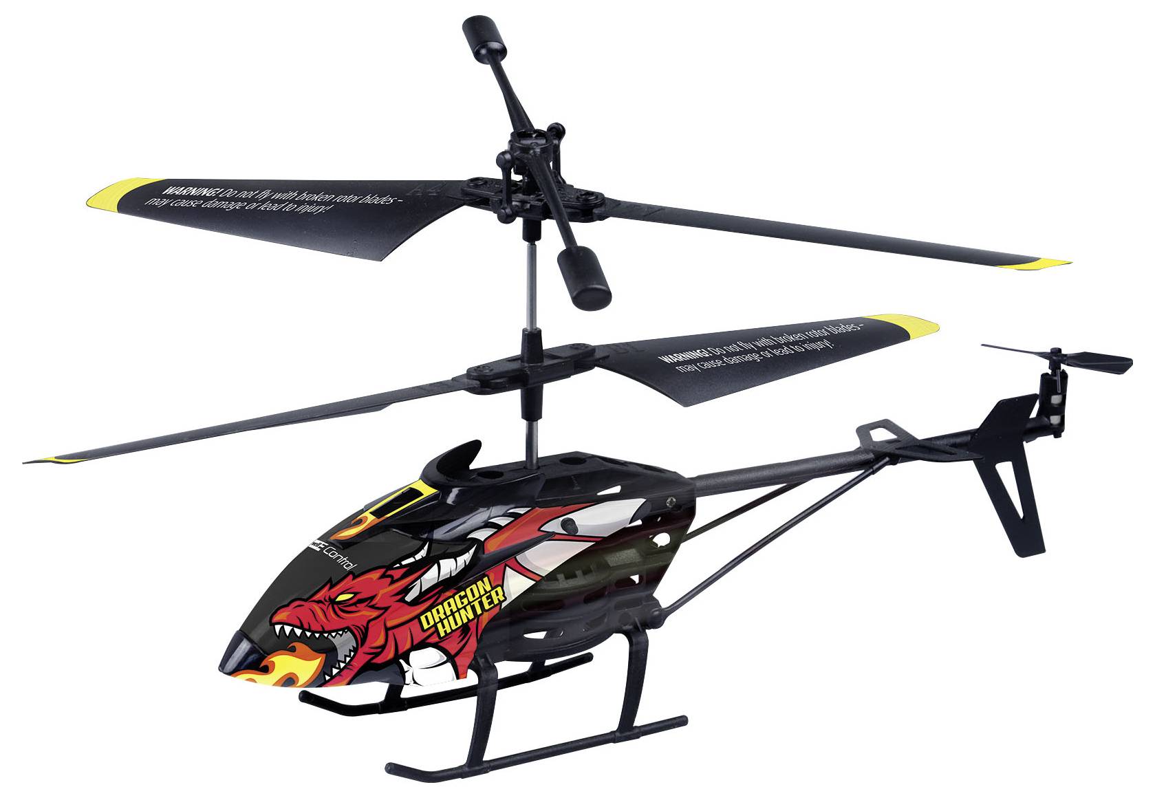 Afstandsbediende helikopter met draakontwerp op de romp.