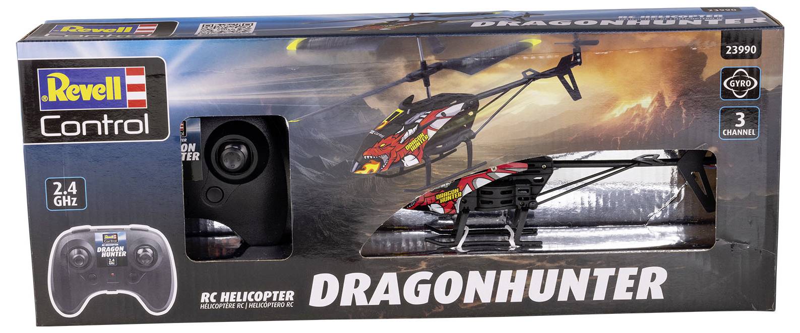 Revell Control RC-helikopter 'Dragonhunter' in verpakking, toont helikopter met drakenontwerp en afstandsbediening; 3-kanaals, 2,4 GHz.