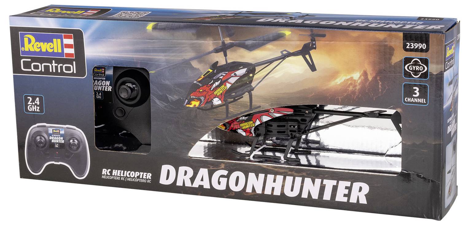 Verpakking van een bestuurbare 'Dragonhunter'-helikopter van Revell, met afbeelding van het model en de afstandsbediening. 2,4 GHz, 3 kanalen.