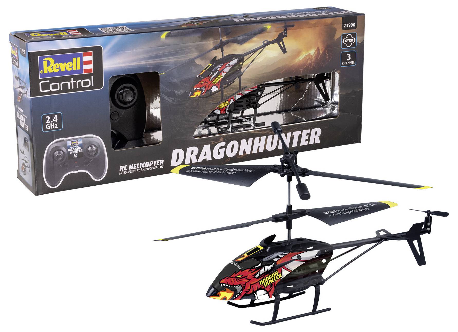 'Revell Control Dragonhunter' RC-Helicopter met afstandsbediening op de afbeelding. Op de verpakking een rood-zwart helikopterontwerp met draak.