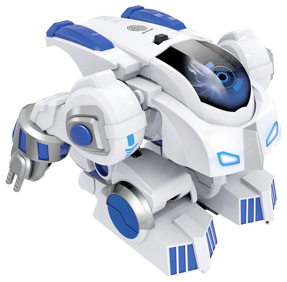 Een witte robot met blauwe accenten, futuristisch design, grote wielen aan de zijkant, zichtbare voorste sensoren, ziet eruit alsof hij in staat is tot beweging.