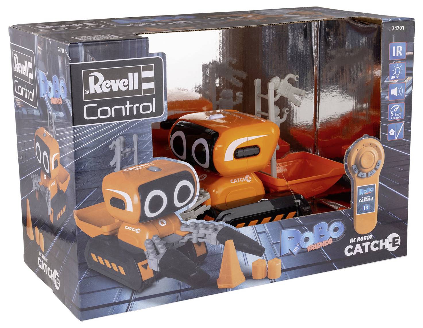 Verpakking van een Revell speelgoed-robot 'Catch-E' in het oranje, met afstandsbediening. Bevat afbeeldingen van het product en bedieningssymbolen.